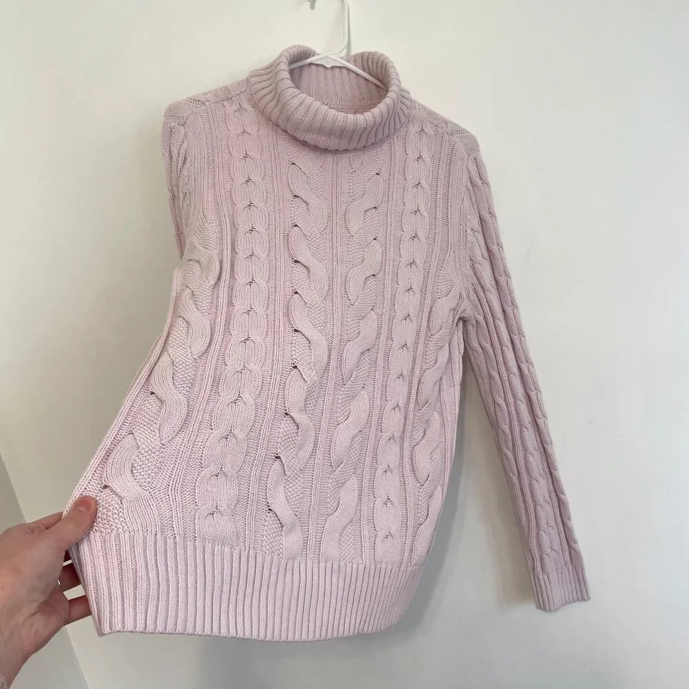 CROFT & BARROW Cable Knit Turtleneck Sweater Light Pink Baby Pink Cotton Blend L - Picture 11 of 16